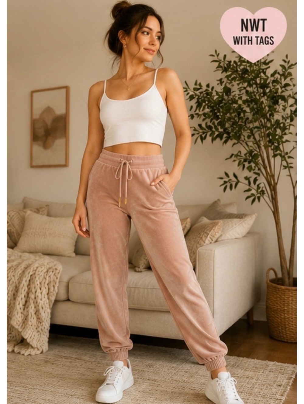 NWT Donna Karan Blush Velour Jogger Lounge Pants L